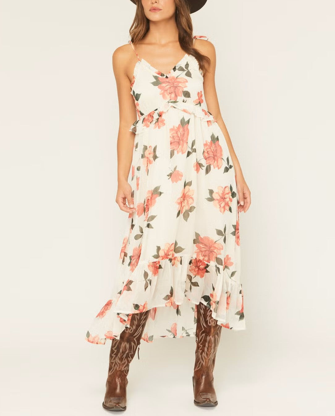 Vestido midi estampado floral sin mangas con tirantes finos