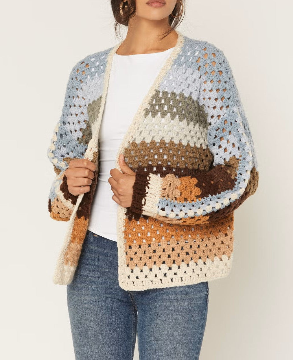 Chaqueta de punto abierta de ganchillo con rayas multicolores