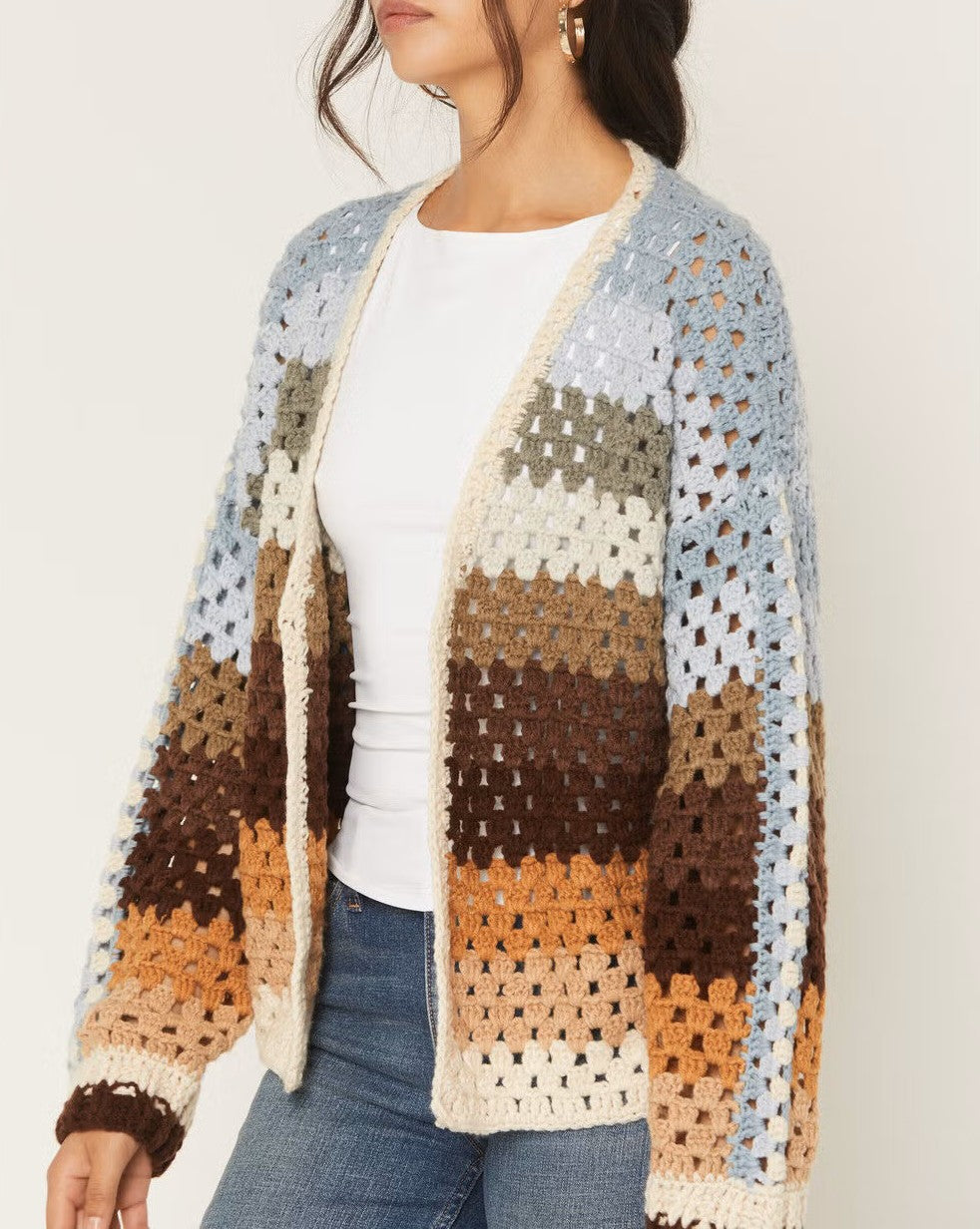 Chaqueta de punto abierta de ganchillo con rayas multicolores