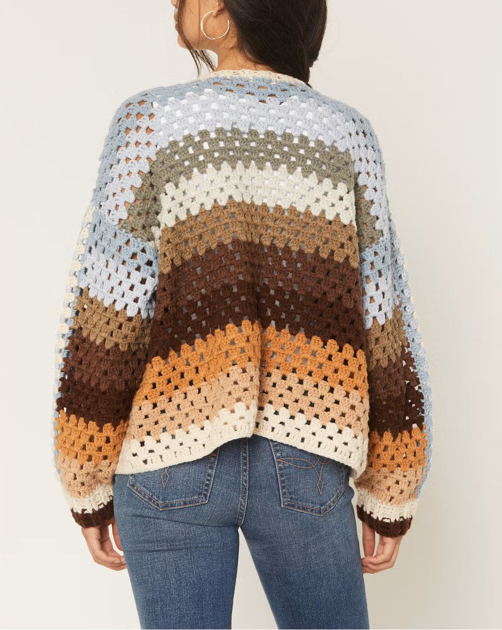 Chaqueta de punto abierta de ganchillo con rayas multicolores